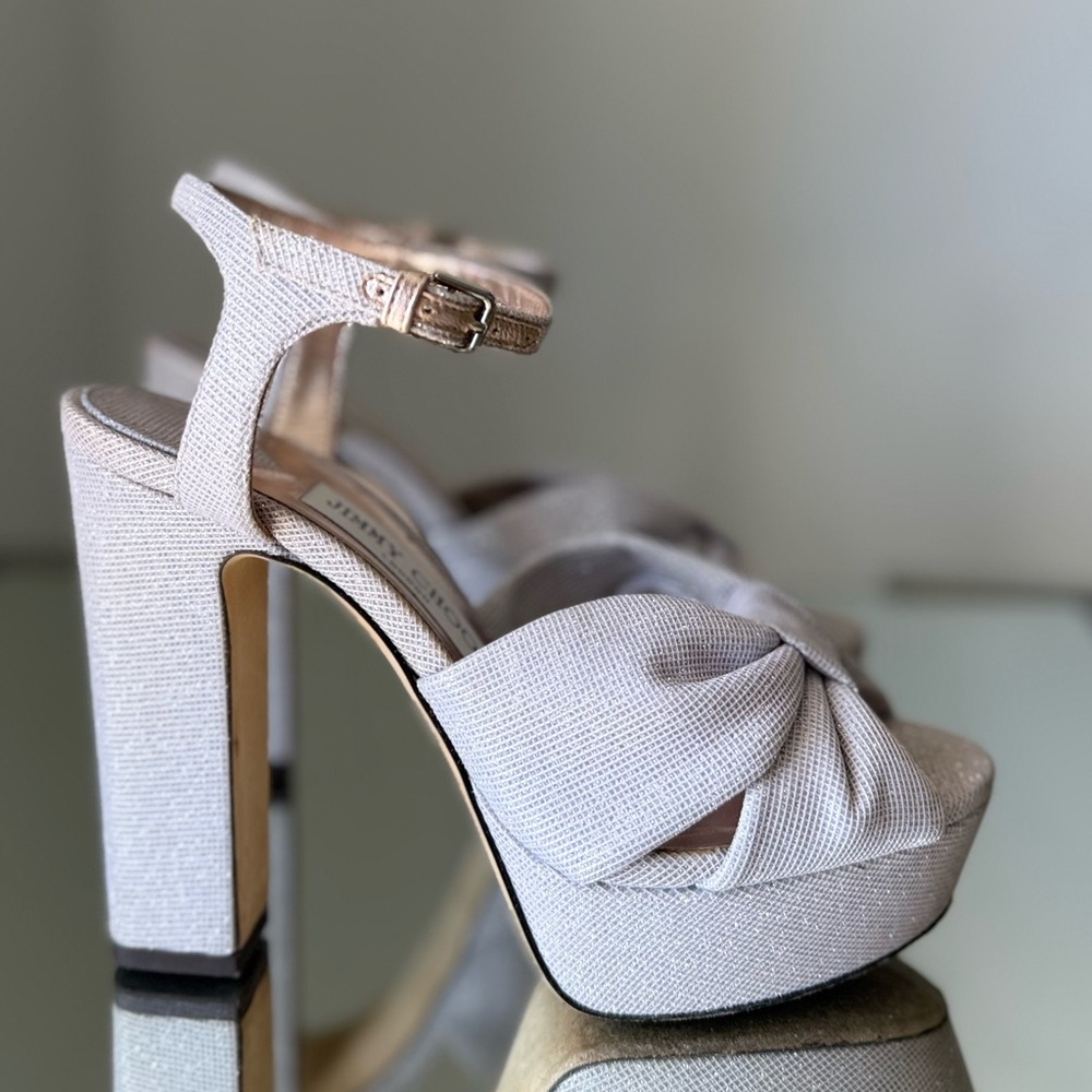 EUC JIMMY CHOO Heloise 120MM Glitter Platform Sandals Macaron 36.5 $1,025 - Picture 8 of 13